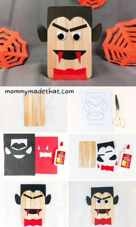 Popsicle Stick Vampire Craft Vampire Popsicle Stick Craft, Dracula Craft, Vampire Craft, Halloween Lollies, Popsicle Stick Craft, Halloween Handprint, Popsicle Stick Crafts For Kids, Monkey Crafts, Fun Halloween Games