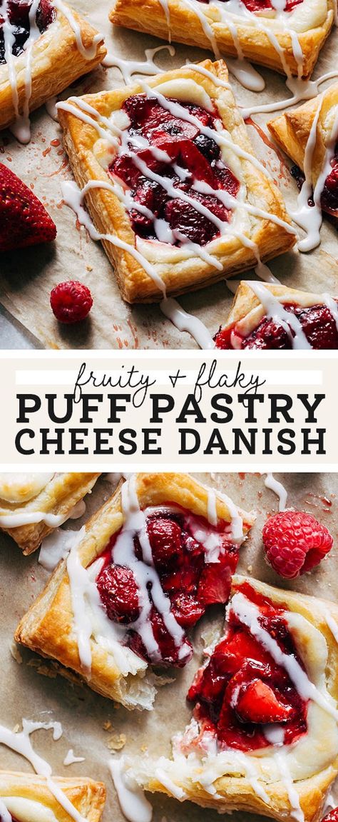 This cream cheese Danish recipe is super simple made with frozen puff pastry and Bonne Maman INTENSE Red Fruits Fruit Spread. It creates a really flavorful red fruit filling atop a layer of sweet cream cheese. They're like the grown up version of toaster strudels and are perfect to make for brunch! #ad #danishes #cheesedanish #brunch #puffpastry #butternutbakery #bonnemaman #HappyMothersDay | butternutbakeryblog.com Rasberry Cheese Puff Pastry, Fruit And Cream Cheese Breakfast Pastry, Danish Using Puff Pastry, Raspberry Cheese Danish With Puff Pastry, Puff Pastry From Scratch Recipes, Easy Fruit Danish Recipe, Blackberry Danish Recipe, Puff Pastry Fruit Danish, Strawberry And Cheese Danish