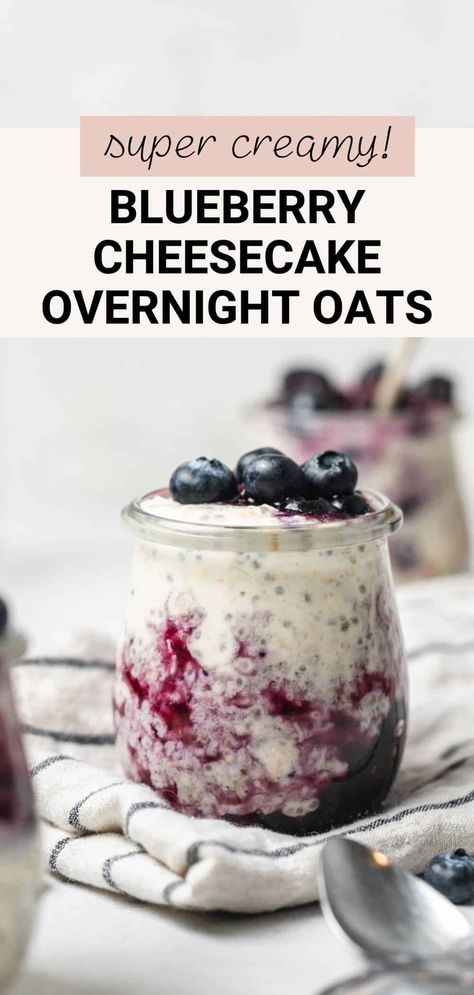 These nutritious blueberry cheesecake overnight oats will make you feel like you're eating dessert for breakfast! They're made with wholesome ingredients like whole rolled oats and chia seeds. They're sweet, creamy, and made with tangy cream cheese. This is the perfect, easy breakfast or snack to take on the go. Halloween Overnight Oats, Overnight Oats With Cream Cheese, Overnight Oats Recipe Blueberry, Cream Cheese Overnight Oats, Overnight Oats Cheesecake, Blueberry Overnight Oats Healthy, Overnight Oats Blueberry, Blueberry Cheesecake Overnight Oats, Chai Overnight Oats