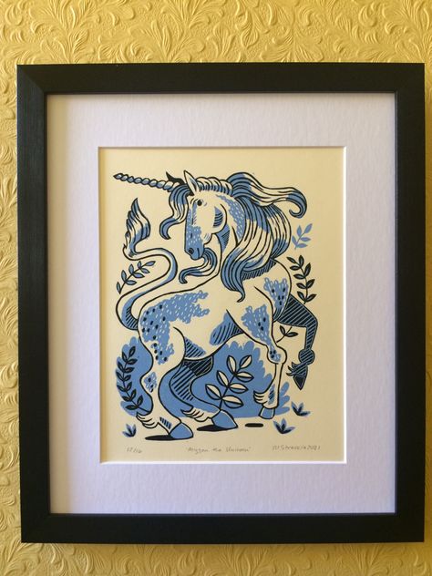 Unicorn reduction linoprint Unicorn Linocut, Corn Dolly, Lion And Unicorn, Lino Printing, The Unicorn, Lino Print, The Lion, Linocut, Screen Print