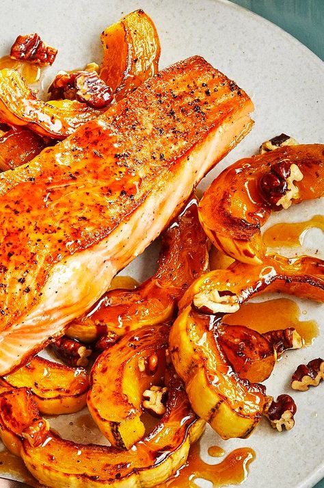 Salmon And Acorn Squash Recipes, Salmon Delicata Squash, Salmon And Acorn Squash, Salmon And Butternut Squash Recipes, Superfood Meals, Brown Sugar Glazed Salmon, Brown Sugar Salmon, Acorn Squash Recipes, Delicata Squash