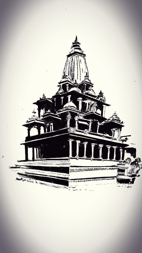 Ink art work Temple Sketches Indian Simple, Nepali Culture, Village Drawing, Temple Drawing, Pen Art Work, Modern Art Canvas Painting, Simple Building, Pop Art Drawing, Mecca Wallpaper