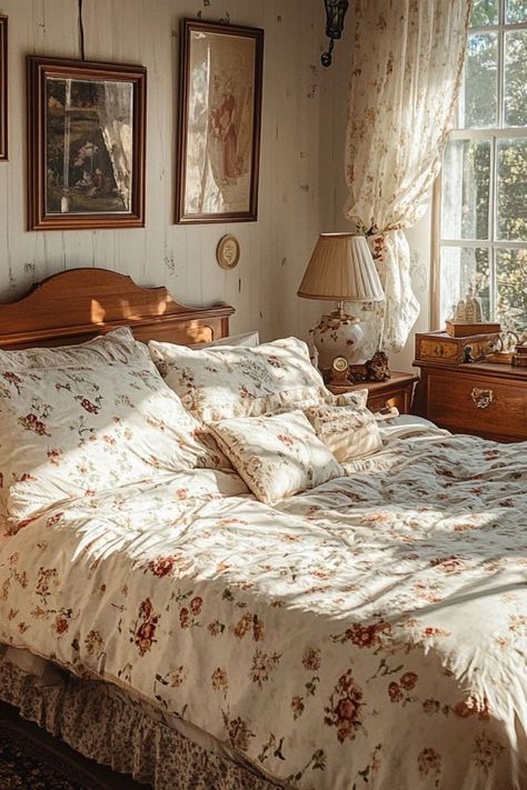 Transform your bedroom with a cozy, cottagecore style using floral patterns and vintage accents. #CottagecoreDecor #BedroomMakeover #CozyStyle Vintage Cottagecore Bedroom, Cottagecore Bedroom Aesthetic, Cottagecore Lifestyle, Cottagecore Bedroom, Cozy Cottagecore, Rural Lifestyle, Cottagecore Style, Vintage Cottagecore, Cottagecore Decor