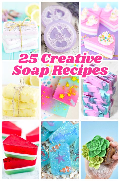 Creative soap recipe ideas - everything from soap bars, to fruit shapes, and soaps for kids. Loofah Soap Diy, Soap Design Ideas, Mp Soap, Diy Soap Bars, Goats Milk Soap Base, Dessert Soap, Diy Soap Recipe, Soap Melt And Pour, Handmade Soap Recipes