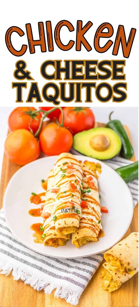 Chicken and Cheese Taquitos are a delicious easy dinner recipe. Tender chicken is mixed with green salsa, spices and cheese, then rolled up and baked. The perfect weeknight dinner made with simple ingredients. Salsa Spices, Chicken And Cheese Taquitos, Cheese Taquitos, Homemade Taquitos, Flexitarian Recipes, Chicken Corn Chowder, Chicken And Cheese, Chicken Taquitos, Pinwheel Recipes