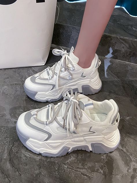 White Sporty Collar   Colorblock Chunky Sneakers Embellished   Women Shoes High Heel Sneakers, Dad Shoes, Mesh Sneakers, Chunky Platform, Casual Sport Shoes, Chunky Sneakers, Sneaker Heels, Platform Sneakers, Shoe Style