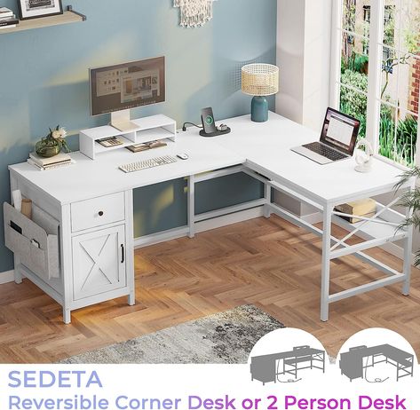 SEDETA L Shaped Computer Desk, Reversible 86.6" Home Office Desk or Corner Desk, L Office Desk with Drawer, Power Strip, Storage Cabinet, Monitor Stand & Storage Bag, White Long Home Office, White L Shaped Desk, Drawer Bookshelf, L Shaped Computer Desk, Room Maker, Desk Corner, Desk With Drawer, Corner Desk Office, Entry Furniture