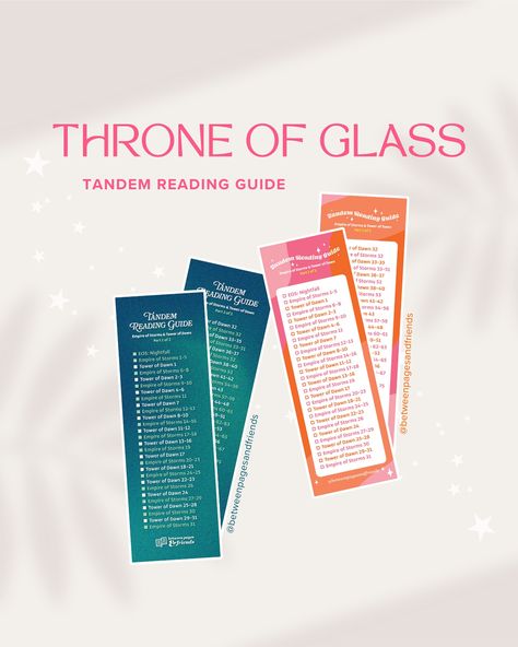 We finished Queen of Shadows on the podcast last week, which means it’s TIME FOR THE TANDEM READ! 📣 We have a couple of super cute reading guide resources available if you’re following along! The first is a FREE chapter checklist that you can screenshot in our “throne of glass” Instagram highlight. The second is a printed bookmark version with two different design options to choose from (or one of each if you can’t decide). The printed bookmarks come in sets of two, so you have one for ea... Throne Of Glass Book Annotations, Tog Tandem Read, Throne Of Glass Romantic Reading Order, Throne Of Glass Bookmark Printable, Throne Of Glass Tandem Read Guide, Printed Bookmarks, Queen Of Shadows, Reading Guide, Empire Of Storms