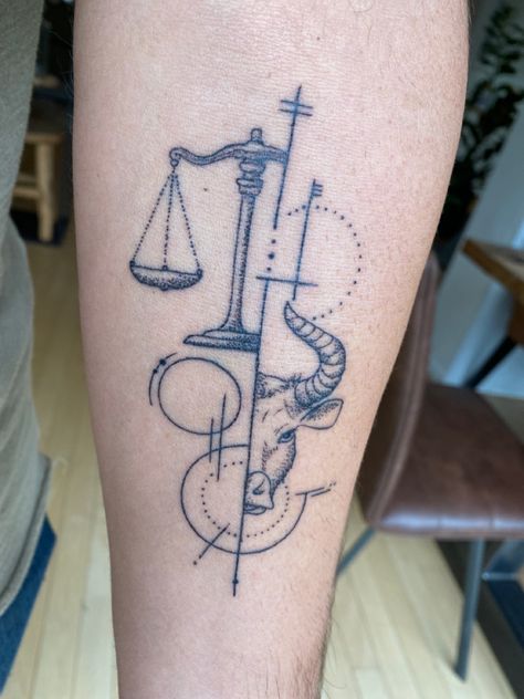 Astrology Couple Tattoo, Libra Taurus Tattoo, Taurus Libra Tattoo, Aries And Libra Tattoo, Taurus And Libra Tattoo, Tattoo Ram, Tattoo Balance, Libra Constellation Tattoo, Egyptian Eye Tattoos