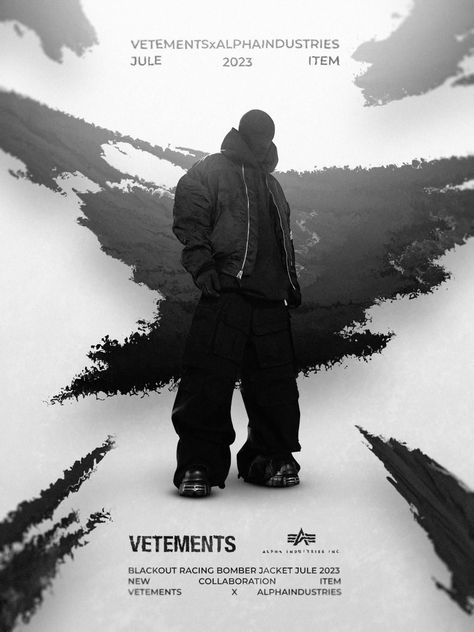 Developed a poster for the VETEMENTS x ALPHAINDUSTRIES collaboration SUPPORT 🙏 Streetwear Fashion Poster, Poster Clothing Brand, Collaboration Poster Design, Brand Collaboration Design, Photo Poster Ideas, Aesthetic Poster Design, Collaboration Poster, Clothing Poster, Posters Ideas