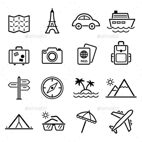 Travel Symbols and Tourism Signs, Vector Passport Design, Travel Symbols, Tourism Design, Tourism Logo, School Book Covers, Theme Inspiration, Icon Design Inspiration, Hand Drawn Icons, Travel Icon