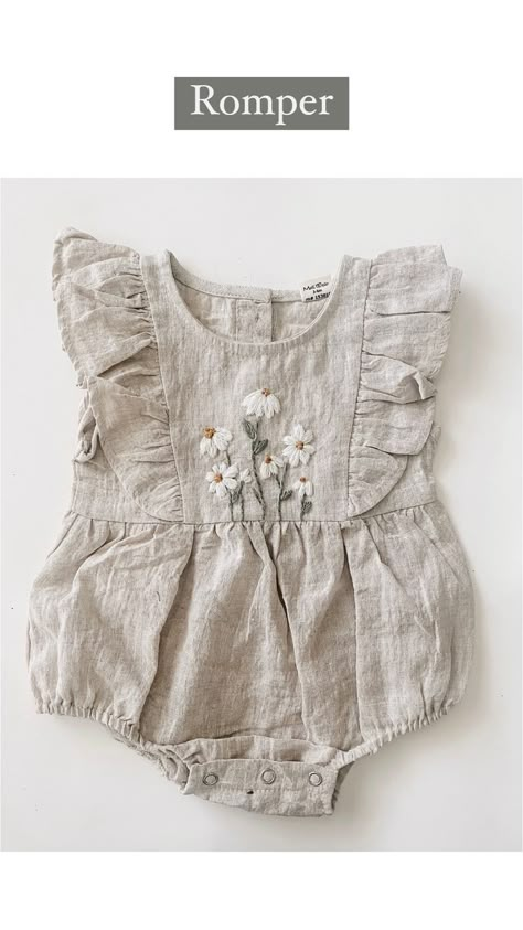 threadunraveled on Instagram: the sweetest little outfit 🤍 The linen romper is from @maliwear.co and I added some embroidered flowers using my “Little Daisies”… Baby Linen Clothes, Kids Designer Outfits, Boho Baby Girl Clothes, Embroidery Sweaters, Embroidered Baby Clothes, Bebe Clothing, Embroidered Romper, Vintage Baby Clothes