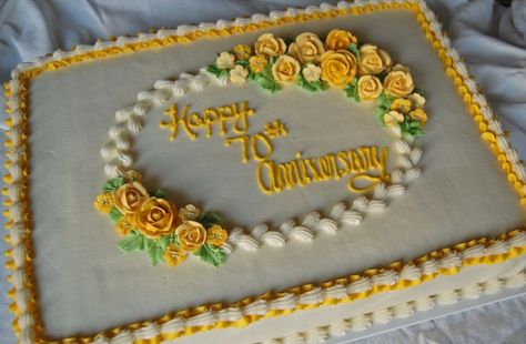 70Th Anniversary Cake Half sheet cake for a 70th Wedding Anniversary! Anniversary Sheet Cake, Costco Sheet Cake, Sheet Cakes Decorated, Pastel Rectangular, Half Sheet Cake, 70th Wedding Anniversary, Sheet Cake Designs, Grad Cake, Rectangle Cake