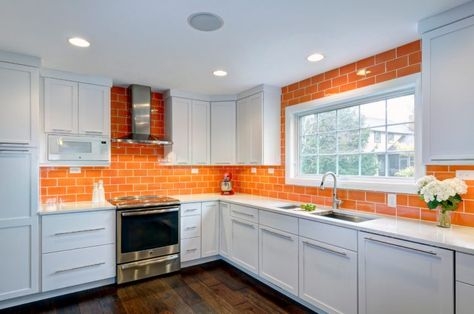 cool-orange-ceramic-tile Kitchen Orange Tiles, Orange Tile Kitchen, Burnt Orange Kitchen, Orange Kitchen Walls, Orange Kitchen Decor, Bold Tile, Kitchen 2024, Bold Kitchen, Deuteronomy 6