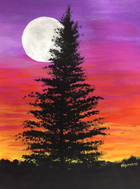 Pejzazi Art Easy, Land Scape Paintings Acrylics Easy, Canvas Scenery Painting Easy, Fall Sunset Painting, Pejzazi Art, Paintings Aesthetic Dark, Warm And Cool Colors Drawing, Painting Easy Sunset, Easy Cute Paintings