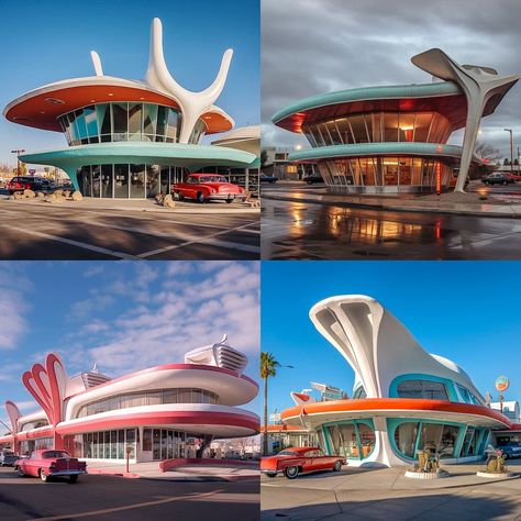 Retro Architecture Design, Vintage Futurism Architecture, Retro Futurism Restaurant, Googie Architecture Space Age, Googie Aesthetic, Neo Futurism Architecture, Retro Futuristic Architecture, The Jetsons Aesthetic, Jetsons Aesthetic