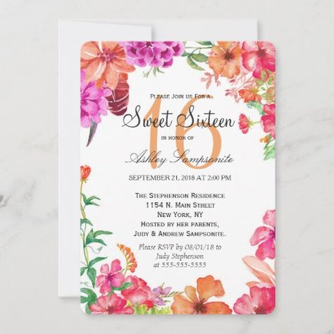 Pink Orange Watercolor Garden Sweet 16 Invitations #birthday #monogram #sweet16 #sweetsixteen #flowers #floral #watercolor #elegant #painted #pink #sweet #celebration #party #sweet16invitations #sweetsixteeninvitations #invitations #personalize #customize #initials #birthdayparty #invites #sweet16invites #sweetsixteeninvites #orange #purple #watercolour #garden #botanical #nature #blossoms #blooms # Garden Sweet 16, Watercolour Garden, 16 Invitations, Orange Watercolor, Sweet Sixteen Invitations, Invitations Birthday, Happy Bday, Sweet 16 Invitations, Sweet Sixteen