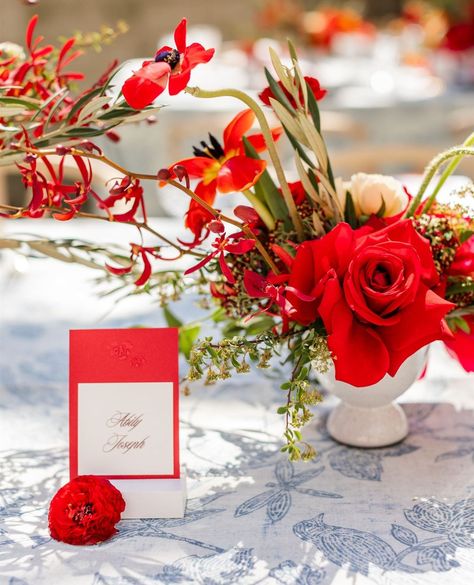 A bold pop of red with floral blind embossing and the most elegant florals....⁠ ⁠ Photography: @alexferreriphoto⁠ Planning: @savoirfeteevents⁠ Venue: @colvinevents⁠ Videography: @morninglightfilmco⁠ Floral & Draping: @atmosphereeventsgroup⁠ Linens & Chairs: @nuagedesigns⁠ Tabletop: @thefestivefrog⁠ Stationery: @livelyhouseandhome Poppy Red Wedding, Planner Photography, Blind Embossing, Blue And White Wedding, Pop Of Red, Poppy Red, White Table Cloth, Flat Lay Photography, Blue Color Schemes