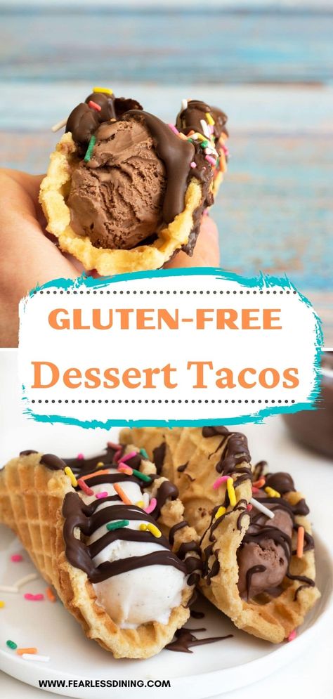 Get ready for summer with these deliciously crispy gluten free choco tacos! Load these cookie taco shells up with your favorite ice cream flavor, drizzle with chocolate, and toss on a few sprinkles. This is the perfect gluten free summer dessert tacos recipe! Dessert Taco Shells, Gluten Free Ice Cream Cones, Easy Gluten Free Dessert, Dessert Tacos, Ice Cream Cones Recipe, Taco Cupcakes, Sweet Taco, Dessert Taco, Gluten Free Tacos