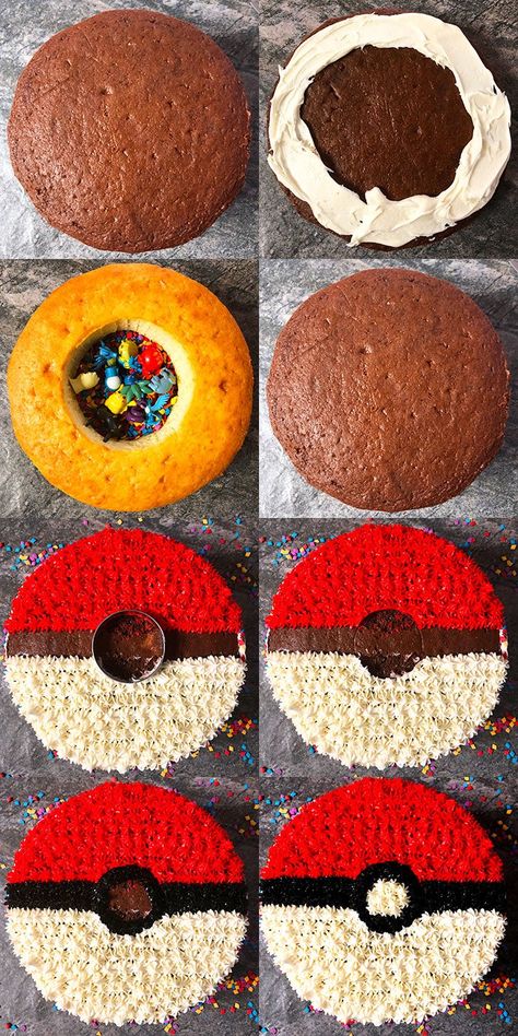 Easy Pokemon Cake {Pokeball Cake} - CakeWhiz Diy Pokemon Cake Easy, Outdoor Pokemon Birthday Party, Pokemon Bday Cake, Pokemon Birthday Cupcakes, Pokemon Snacks Ideas, Easy Pokemon Cake, Pokemon Cupcake Cake, Diy Pokemon Party Decorations, Pokemon Theme Cake