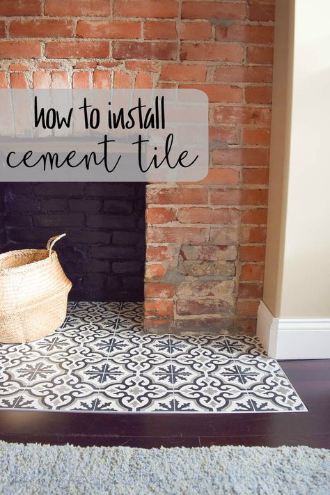 How to install cement tile | how to install tile | diy cement tile | diy tile installation Tiled Fireplace With Log Burner, Tiled Fireplace Hearth, Cement Tiles Diy, Tiles Hearth, Bedroom Fireplaces, Tiled Hearth, How To Install Tile, Reading Nook Tent, Fireplace Hearth Tiles