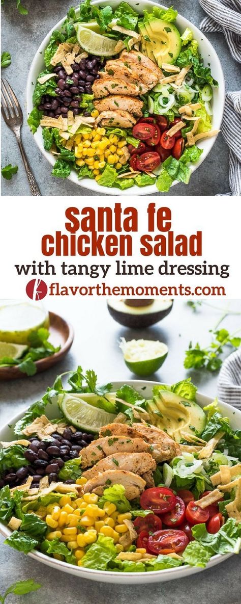 Santa Fe Chicken Salad, Santa Fe Chicken, Salad Cucumber, Tortilla Strips, Vegetarian Salad Recipes, Vegan Salad Recipes, Hearty Salads, Salad Recipes For Dinner, Lime Dressing