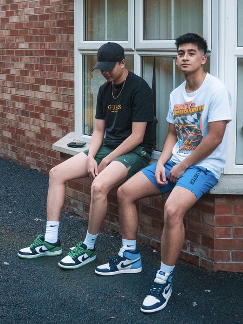 Casual Outfits With Nike Dunks, Jordan 1 Shorts Outfit Men, Shorts With Jordans Outfits, Jordan 1 Outfit Men Summer, Jordan 1 Outfit Men Fashion, Dunks Fashion, Jordan 1 Outfit Men, Blue Shorts Outfit, Jordan 1 Outfit