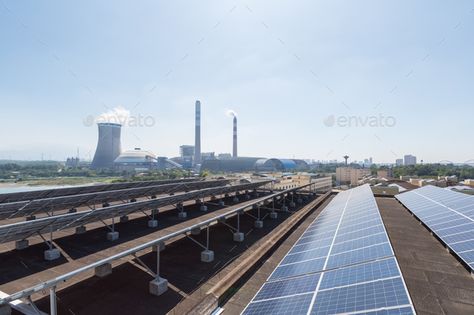 roof solar energy and thermal power plant by chuyu2014. roof solar panels and thermal power plant , new energy and traditional coal-fired power generation Solar Thermal Energy, Photo Style Ideas, Thermal Power Plant, Lay Photo, Solar Power Diy, Solar Power Panels, Best Solar Panels, Photovoltaic Panels, Solar Technology