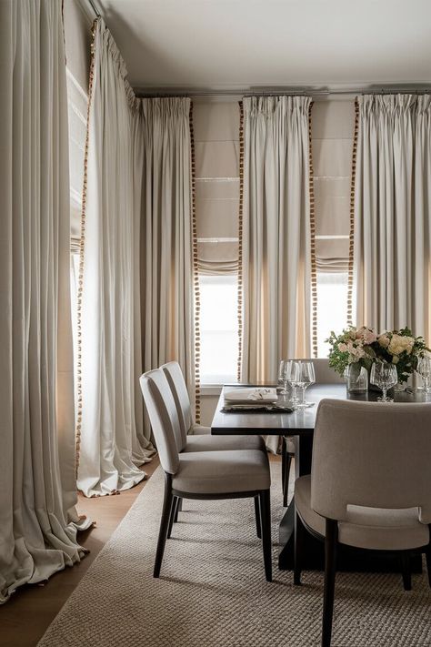 30 Elegant Dining Room Curtain Ideas That You'll Love in 2024 Curtain For Dining Room Window, Curtains In Formal Dining Room, Formal Dining Room Window Treatments, Curtains For Dining Room Windows, Window Treatments For Dining Room, Dining Room Curtains Modern, Dining Room Curtain Ideas, Cozy Curtains, American Classic Interior