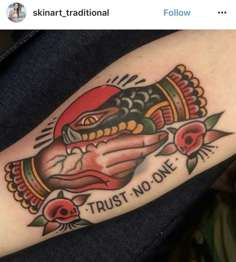 Trust No One Tattoo, Old School Tattoo Sleeve, Traditonal Tattoo, One Tattoo, Hand Tattoos For Girls, Kunst Tattoos, Traditional Tattoo Sleeve, Old School Tattoo Designs, Traditional Tattoo Design