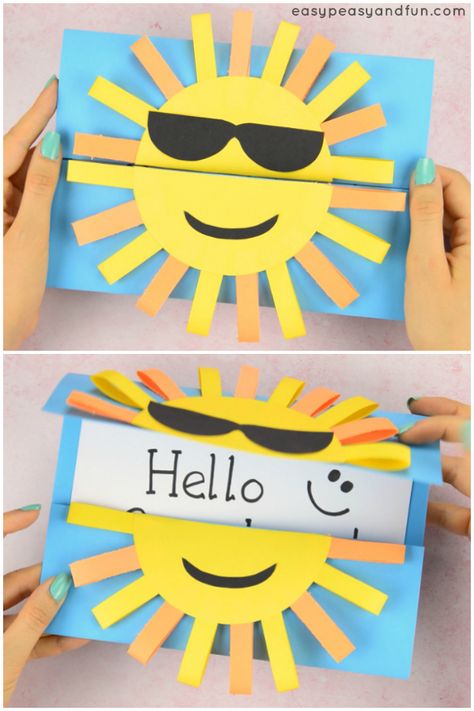 Sun DIY Paper Card Idea for Kids. This DIY card is a perfect summer craft for kids, you can modify it and make it even easier for preschoolers to make while kids in kindergarten will love making the paper loops. Fall Paper Crafts Diy, Summer Paper Crafts, Diy Paper Crafts For Kids, Sun Diy, Fall Paper Crafts, Sun Crafts, Kerajinan Diy, Paper Craft For Kids, Diy Summer Crafts