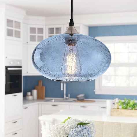 Farmhouse 1-Light Blue Bubble Glass Design Brushed Nickel Pendant - Bed Bath & Beyond - 37311040 Coastal Pendant, Coastal Pendant Lighting, Blue Pendant Light, Condo Living Room, Verre Design, Farmhouse Pendant Lighting, Kitchen Island Pendants, Glass Knobs, Kitchen Island Lighting