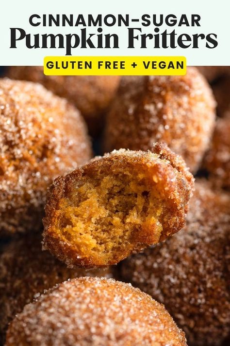 Gluten Free Pumpkin Fritters with a bite taken out of one Gluten Free Pumpkin Roll, Fall Desserts Gluten Free, Gluten Free Pumpkin Desserts, Gluten Free Fall Recipes, Pumpkin Donuts Recipe, Gluten Free Pumpkin Recipes, Pumpkin Fritters, Easy Pumpkin Dessert, Gluten Free Dairy Free Dessert