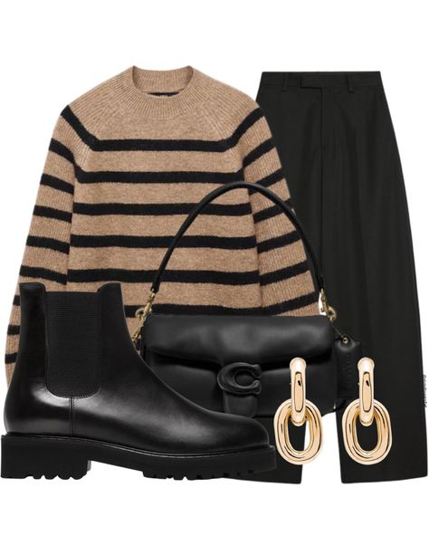 Striped sweater, coach bag, winter outfit Black And Brown Striped Sweater Outfit, Tan And Black Striped Sweater Outfit, Brown And Black Striped Sweater Outfit, Black Striped Sweater Outfit, Brown Sweater Outfit, Sweaters Beige, Brown Striped Sweater, Striped Sweater Outfit, Black Striped Sweater