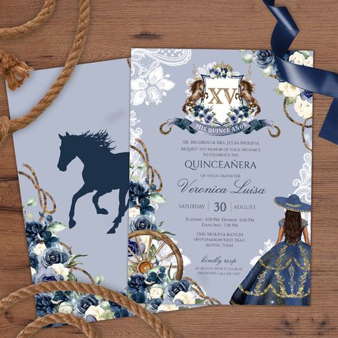 Elegant Rustic Design with a charro/cowboy/ranch theme. Featuring a beautiful crest, luxe blue and white floral and pretty cowgirl/cowboy boots Charro Theme Invitations, Royal Blue Xv Decorations, Royal Blue Charro Quinceanera Theme, Navy Blue Quinceanera Ideas Decor, Blue Charro Quinceanera Theme, Ranchero Quinceanera Ideas, Cowgirl Quinceanera Ideas, Ranch Quinceanera Ideas, Quinceanera Charro Theme