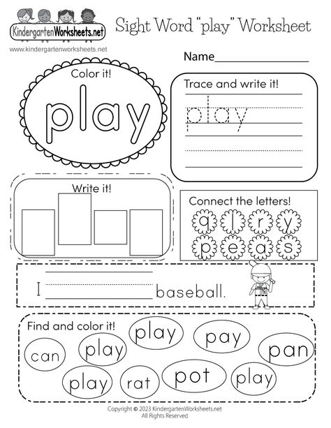 This worksheet has been created to assist students in enhancing their writing and spelling proficiency while using the word “play.” It comprises a range of activities, including coloring, tracing, writing exercises, and sentence construction to help students comprehend and apply their learning. Additionally, students can enjoy locating and coloring the word “play,” which can further improve their reading and writing capabilities. Free Sight Word Printables, Sight Word Kindergarten, Play Worksheet, Wonders Kindergarten, Sight Words For Kindergarten, Sight Word Worksheets Free, Words For Kindergarten, Kindergarten Report Cards, Kindergarten Word Families