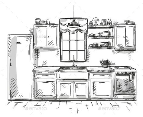 Kitchen Interior Drawing, Sink Drawing, Interior Drawing, Kitchen Background, Interior Dapur, Kitchen Drawing, Furniture Design Sketches, Drawing Interior, Interior Architecture Drawing