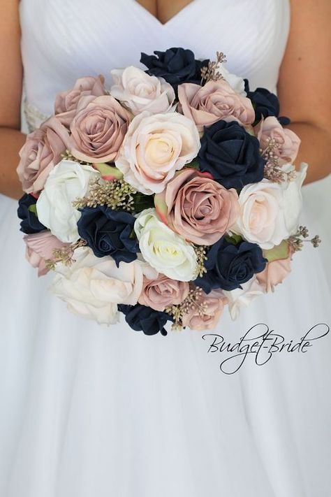 Roses have long been associated with wedding bouquets, they are known as the symbol of love and passion. ⁠ Bridal Bouquet Round, Fake Wedding Flowers, Mauve Wedding, Dusty Rose Wedding, Blue Wedding Flowers, Diy Wedding Bouquet, Wedding Theme Colors, Navy Blue Wedding, Navy Wedding