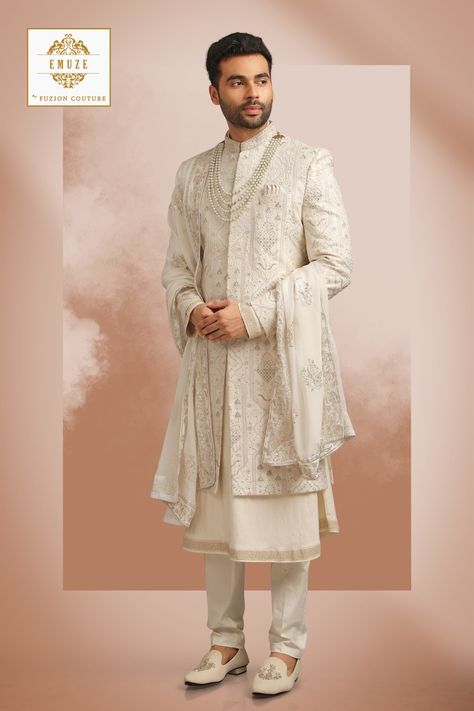 Royal his-highness look for grooms. Royal sherwani for royal wedding. Royal Groom Sherwani Indian Weddings, Anarkali Sherwani Men, Royal Sherwani For Groom, Ivory Sherwani Grooms, Shervani Design For Men, Sherwani Groom Wedding Royals, Sherwani For Men Wedding Royals, Engagement Outfit For Man, Men Sherwani Wedding