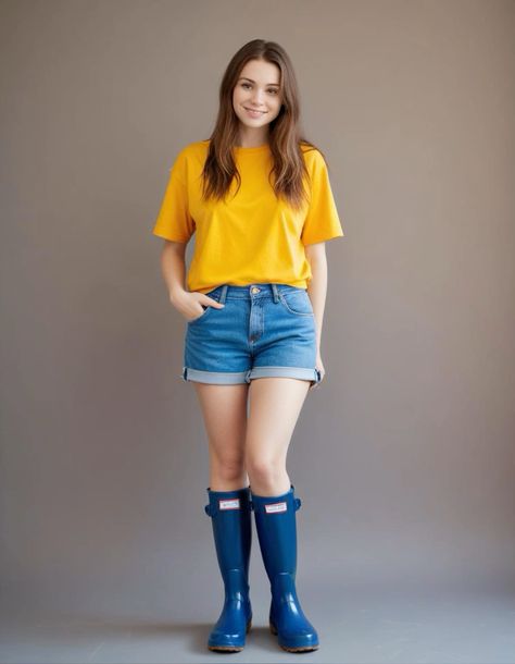 #yellow #yellowshirt #blueboots #puddle #streetstyle #streetwear #red #redboots #sweater #sweatshirt #sweatshirtoutfits #sweatpants #overalls #boots #bootsforwomen #blueoveralls #wellies #gumboots #rubberboots #wellingtonboots #rainboots #countrygirl #countryside Blue Hunter Boots Outfit, Sweatpants Overalls, Rain Boots Fashion, Rainwear Girl, Boots Outfits, Blue Overalls, Yellow Shirt, Blue Boots, Wellington Boots