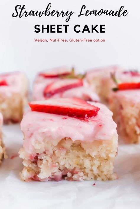 Meet my latest dessert crush. Vegan Strawberry Lemonade Cake! It is the perfect summer dessert and just screams SUNSHINE!Tart and sweet, tangy and fresh, this sheet pan cake is summer at its best. #vegancake #pinklemonade #glutenfreecake #cupcakes #summerdessert #sheetpan #sheetcake #nutfree #allergyfriendly Eggless Summer Desserts, Vegan Sheet Cake Recipe, Easy Vegan Strawberry Dessert, Vegan Strawberry Pound Cake, Summer Dessert Recipes Dairy Free, Vegan Dessert For One, Vegan Cake Ideas, Vegan Poke Cake, Gluten Free Dairy Free Summer Desserts