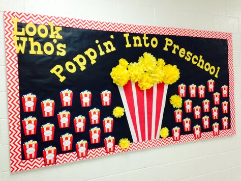 Look Who's Poppin' Into Preschool bulletin board What’s Poppin Bulletin Board, Labor And Delivery Bulletin Board Ideas, Popcorn Bulletin Board, Popcorn Theme Classroom, Pta Bulletin Boards, Popcorn Theme, All About Me Preschool Theme, Me Preschool Theme, Preschool First Day