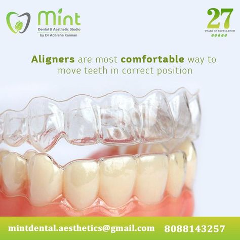 Invisible braces, also known as clear aligners, slowly shift the position of your teeth over time, just like traditional metal braces. They are made of clear plastic and hence aligners fit snugly around your teeth and are barely noticeable, compared with traditional metal braces. 𝐂𝐚𝐥𝐥 𝐮𝐬 : 𝟖𝟎𝟖𝟖𝟏𝟒𝟑𝟐𝟓𝟕 #MintDental #Invisalign #Dentistry #BestDentalClinic #DentalClinic #DrAdarsha #invisiblebraces Clear Aligners Ads, Teeth Transformation, Invisible Braces Teeth, Transparent Braces, Dental Aligners, Teeth Aligners, Clove Dental, Dental Post, Dental Poster