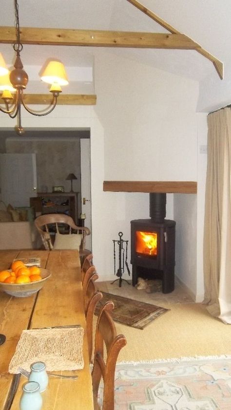 Corner Woodburner, Wood Burning Table, Corner Log Burner, Wood Burning Stove Corner, Corner Wood Stove, Corner Stove, Wood Burning Stoves Living Room, Log Burner Living Room, Living Room Wood Floor