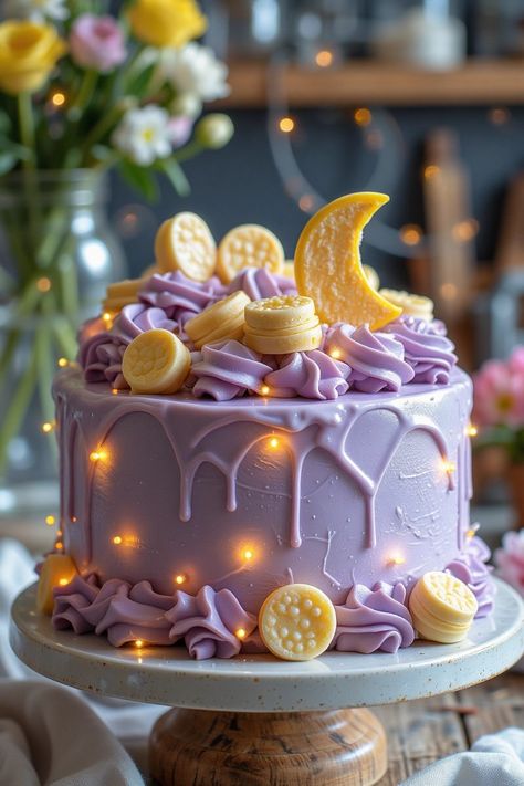 How to Create a Whimsical Lavender Dream Cake with Stunning Cake Decorating Techniques Crescent Moon Cookies, Cake Transport, Moon Cookies, Sweet Magic, Cake Decoration Ideas, Dream Cake, Cake Decorating Techniques, Cake Decoration, Crescent Moon