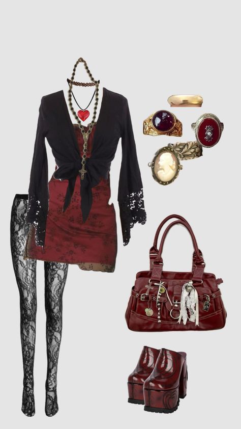 Summer Outfit Edgy, Crystal Core Outfits, Classy Outfits For Women Going Out, Dark Maximalism Outfits, Theatre Outfit Aesthetic, Maneater Outfit, Dark Red Outfit Aesthetic, Goth Polyvore, Nana Outfits Inspired