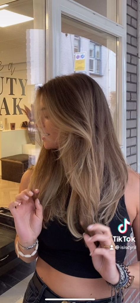 Blonde Balayage Hair On Dark Hair, Hair Inspo Color Dirty Blonde, Medium Length Light Brown Hair Balayage, Hair Inspo Dirty Blonde, Hair Inspo Brown Highlights, Dirty Blonde Balayage On Brown Hair, Honey Blonde Hair On Dark Hair, Honey Blonde Balayage On Brown Hair, Old Money Dirty Blonde Hair