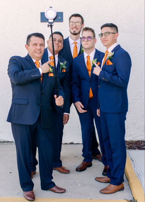 Navy Groomsmen Attire, Social Outfits, Groomsmen Attire Navy, Blue Orange Weddings, Navy Groomsmen, Orange Weddings, Elopement Reception, Royal Blue Suit, Burnt Orange Weddings