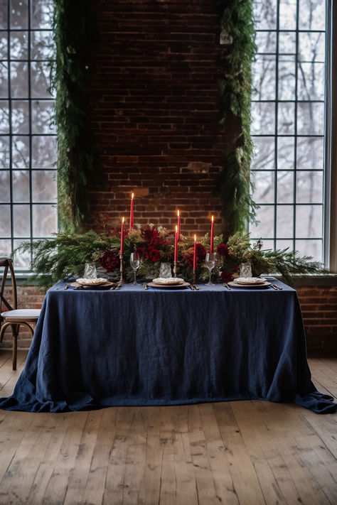 https://truethings.store/products/indigo-linen-tablecloth Navy Table Setting, Navy Tablescape, Black Tablecloth Wedding, Gothic Italian, Deep Blue Wedding, Classic Table Setting, Blue Table Cloth, Round Christmas Tablecloth, Navy Tablecloth