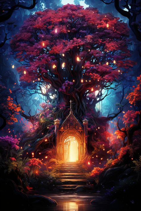 Fantasy Background Magic Scenery, Fantasy Landscape Wallpaper, Fantasy Landscape Art, Surreal Forest, Ethereal Forest, Fantasy Backgrounds, Forest Cartoon, Art Niche, Enchanted Tree